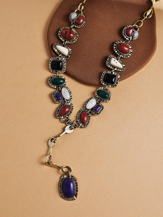Vintage Gemstone Long Necklace – Retro Alloy Statement Layering Chain