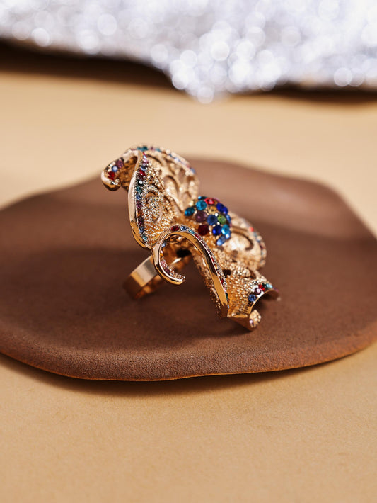 Vintage Floral Statement Ring – Hollow Rhinestone Adjustable Bold Jewelry