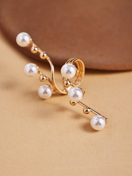 Gold Geometric Pearl Statement Ring – Minimalist Open Finger Jewelry