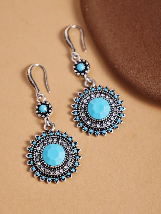 Bohemian Turquoise Tassel Earrings – Vintage Sunflower Rhinestone Statement Jewelry