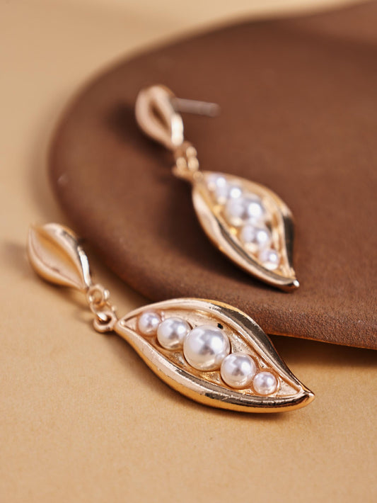 Gold Pearl Drop Earrings – Artistic Stainless Steel Statement Dangle Jewelry
