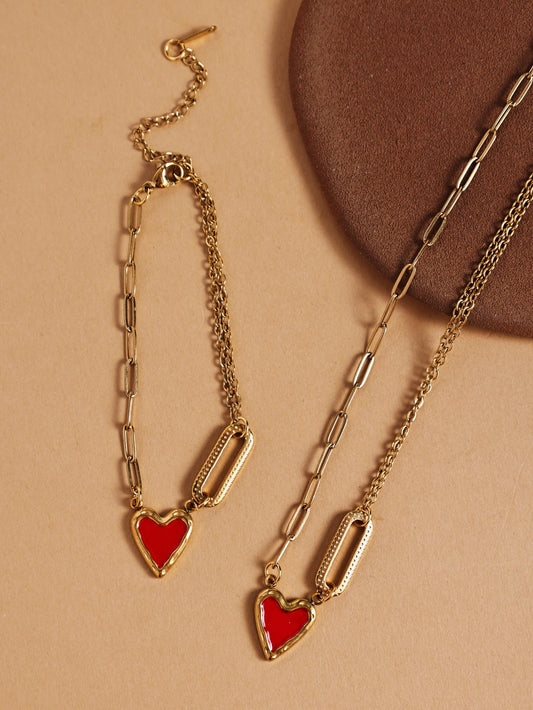 Stainless Steel Heart Necklace & Geometric Pendant Bracelet Set – Titanium Steel Jewelry