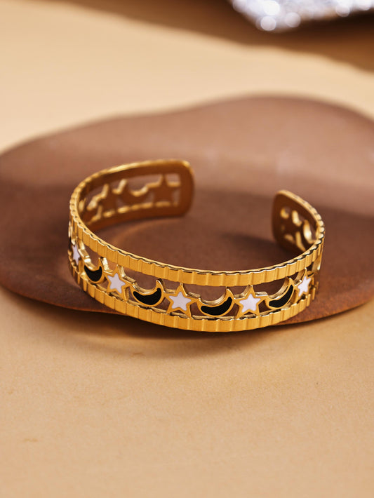 18K Gold Plated Star & Moon Cutout Bracelet – Stainless Steel Bangle