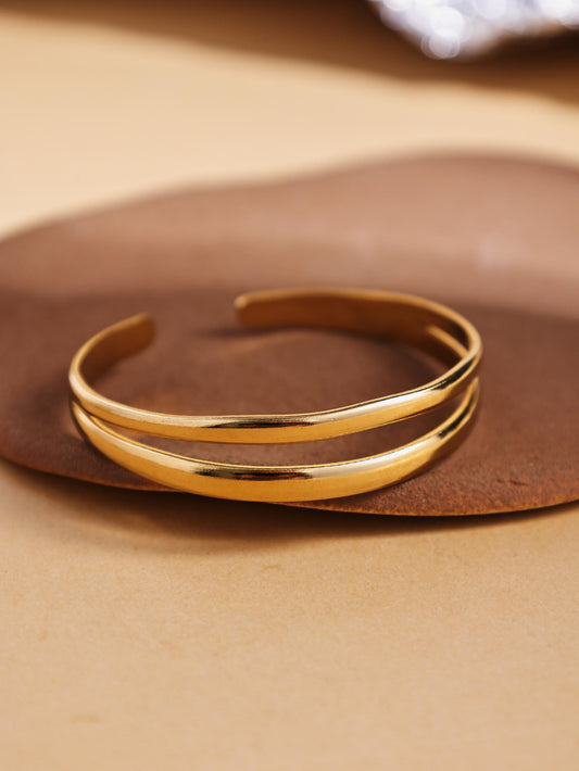 Gold Plated Double Layer Open Bangle – Stainless Steel Minimalist Bracelet