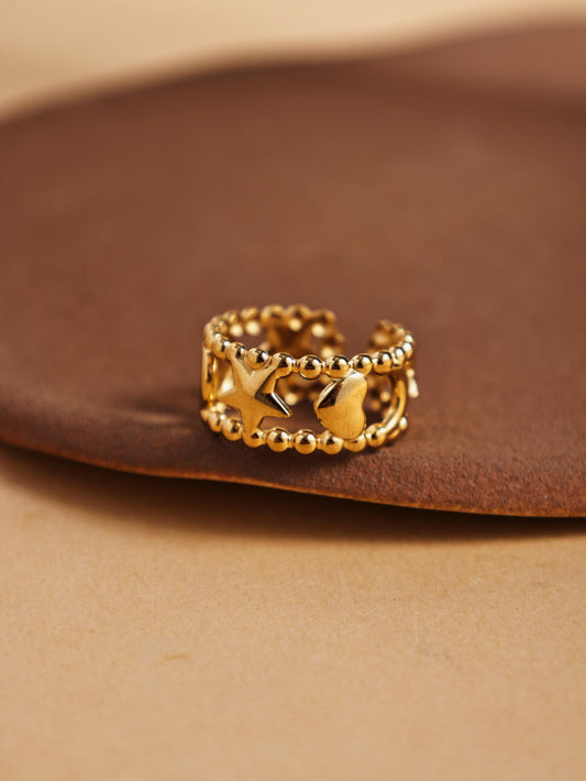 18K Gold Hollow Star & Moon Ring – Stainless Steel Adjustable Jewelry