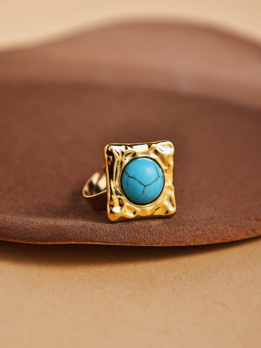 18K Gold Plated Stainless Steel Turquoise Geometric Open Ring – Vintage Style