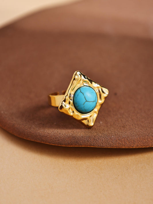 18K Gold Plated Stainless Steel Turquoise Geometric Open Ring – Vintage Style