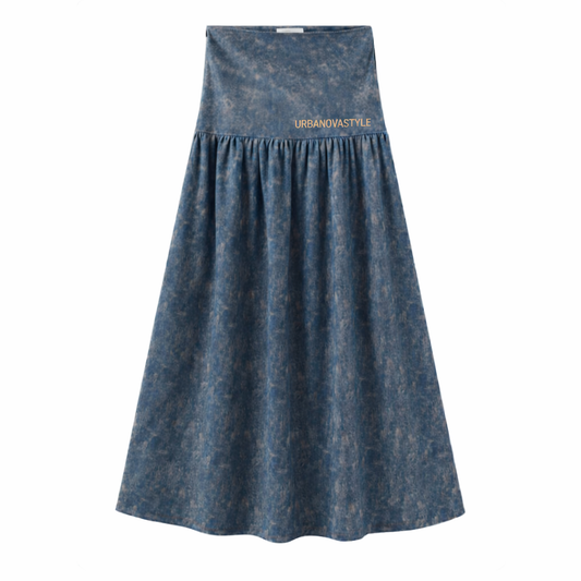 Indigo Whispers – Vintage Pleated Denim Print Maxi Skirt