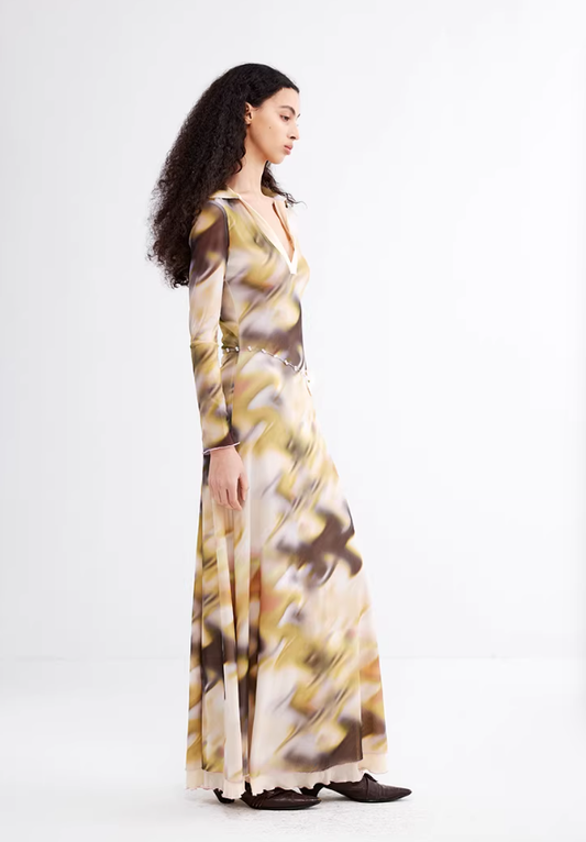 Ink Mirage – Abstract Print Double-Layer Bodycon Maxi Dress