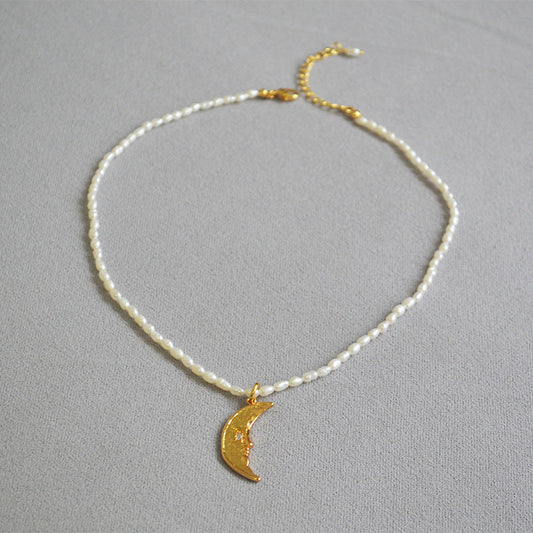 Gold Crescent Moon and Pearl Necklace