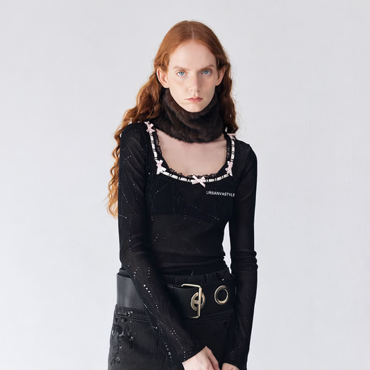 Noir Bow – Textured Mesh Square-Neck Long Sleeve Tee