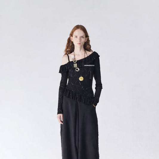 Shadow Bloom – Asymmetric Mesh One-Shoulder Top