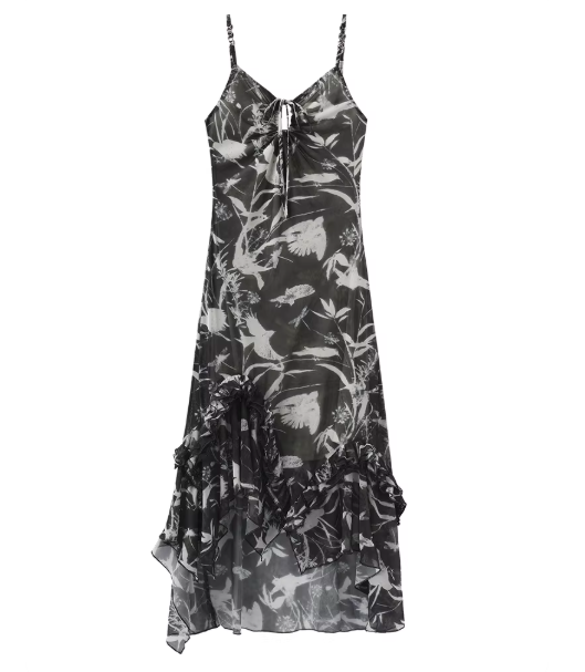 Verdant Muse – Botanical Mesh Tie-Strap Irregular Hem Dress