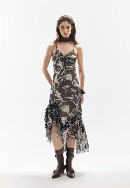 Verdant Muse – Botanical Mesh Tie-Strap Irregular Hem Dress