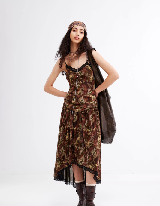 Nomad Veil – Camo Mesh Slip Dress with Lace Edge