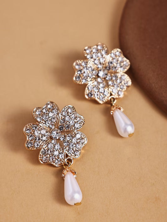 Rhinestone Pearl Floral Teardrop Earrings – Alloy Jewelry