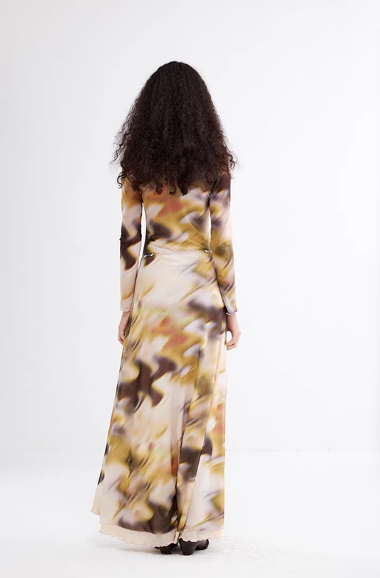 Ink Mirage – Abstract Print Double-Layer Bodycon Maxi Dress