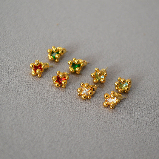 Gold-Plated Flower Stud Earrings with Colored Gemstones