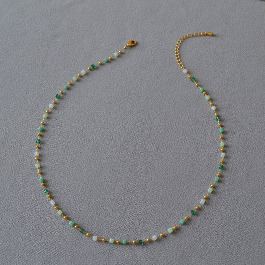 Chic Green and White Beaded Necklace with Gold Accents