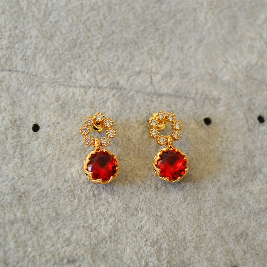 Gold-Plated Crystal Earrings with Red and Green Stones