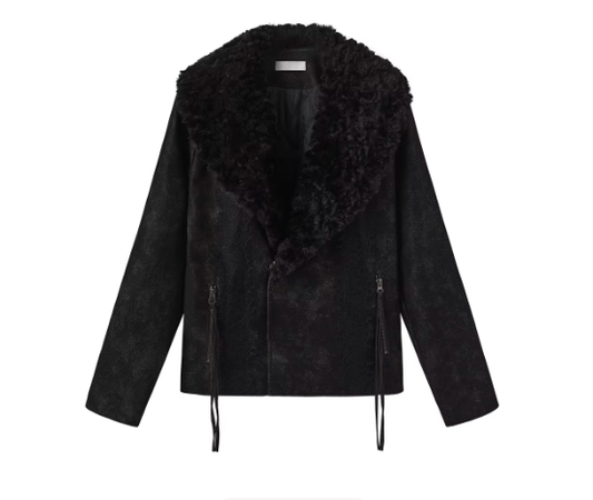 Noir Reverie – PU Leather Lace-Trim Detachable Collar Puffer Jacket