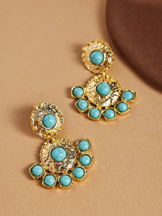 Elegant Vintage Court-Style Earrings with Turquoise Drop – Alloy Jewelry