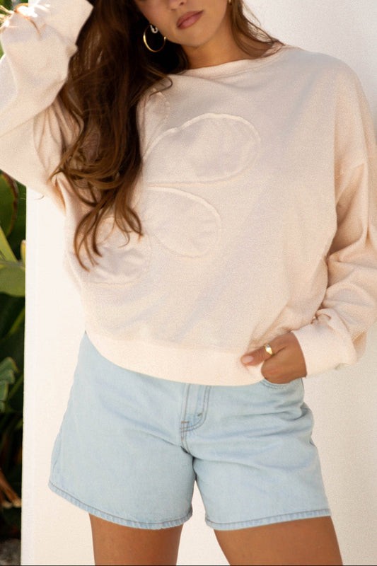Beige Raw Edge Flower Patch Drop Shoulder Casual Top