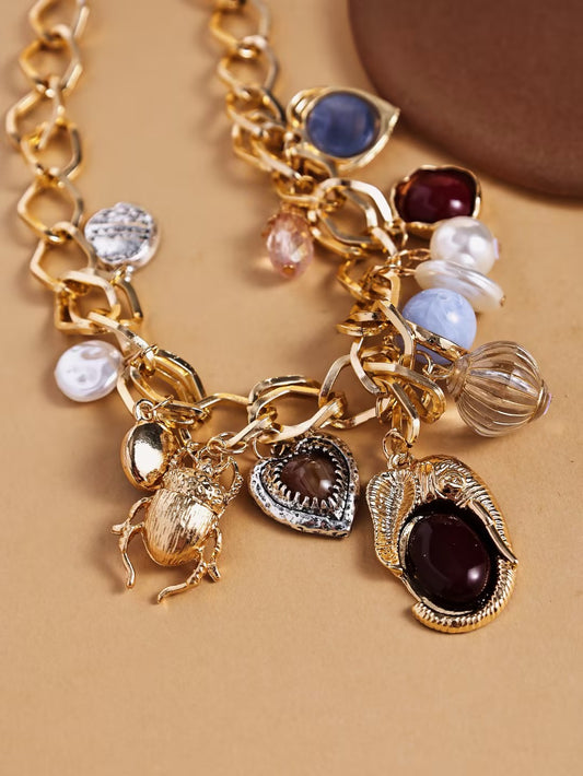 Vintage Pearl & Gemstone Multi-Pendant Chain Necklace – Alloy Jewelry