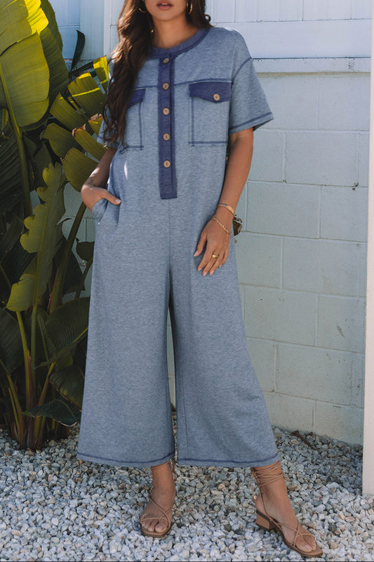 Beau Blue Half Placket Chest Pockets Short Sleeve Wide Leg Jumpsuit
