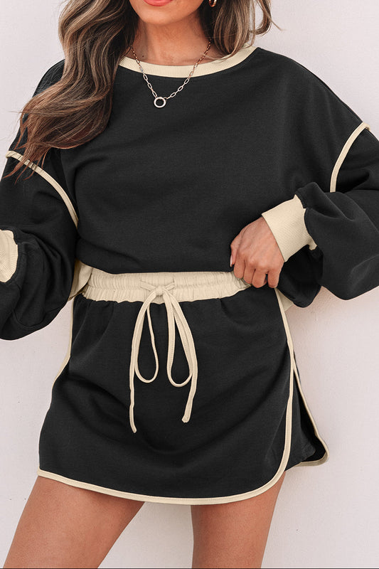 Black Color Contrast Loose Pullover and Lace-up Waist Skort Set