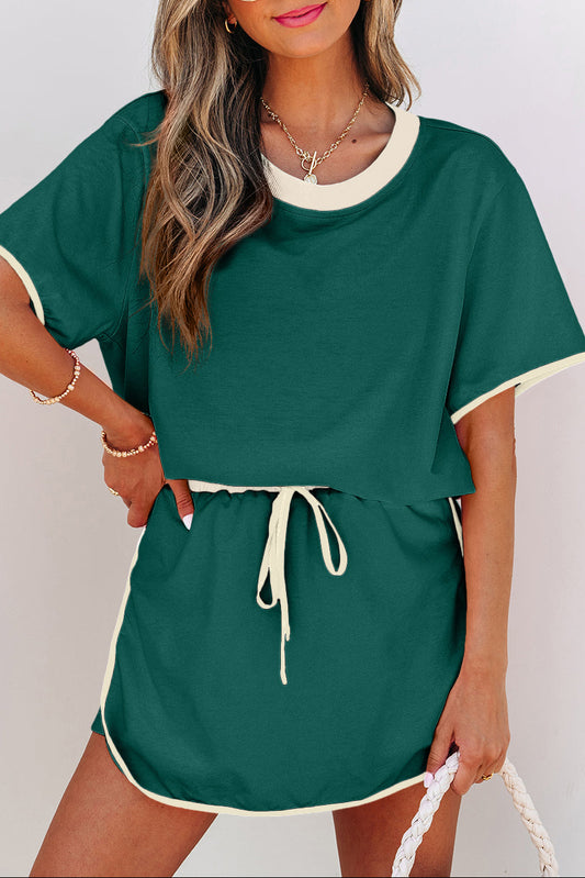 Evergreen Colorblock Edge Drop Shoulder T Shirt and Skort 2Pcs Set