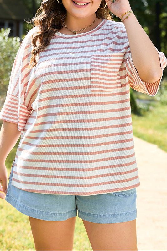 Pink Stripe Waffle Knit Pocketed Half Sleeve Plus Size T Shirt