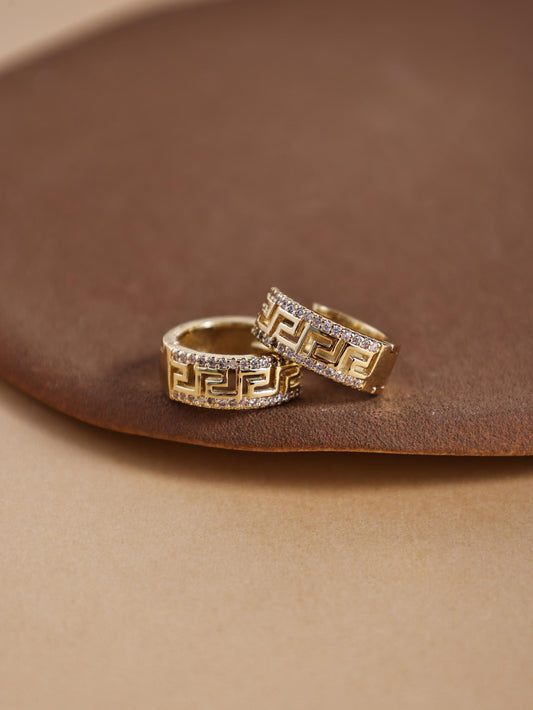 Geometric Greek Key Round Hoop Earrings – Copper & Zircon Statement Jewelry