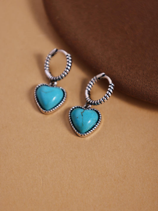 Vintage Copper Heart Pendant Earrings – Turquoise Accent Dangle Jewelry