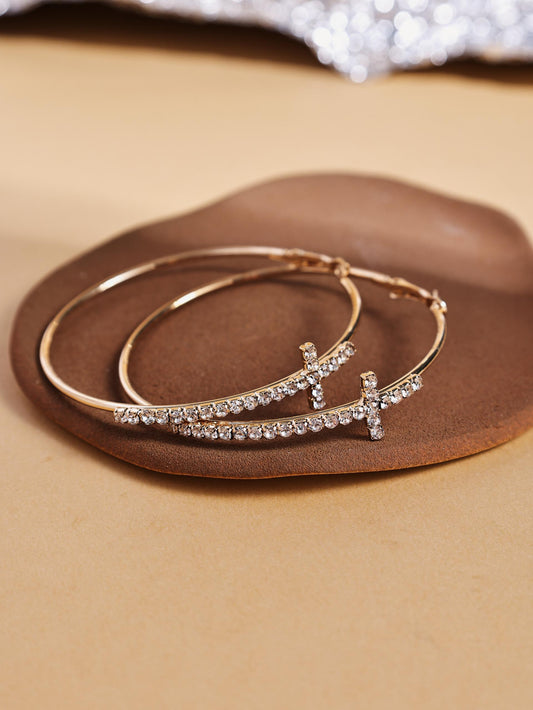 Rhinestone Cross Hoop Earrings – Minimalist Round Circle Statement Jewelry