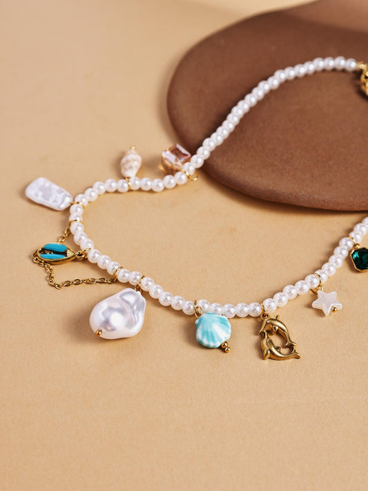 Stainless Steel Necklace with Shell & Pearl Pendant – Statement Jewelry