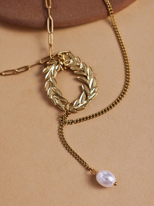Gold Leaf Necklace with Pearl Pendant – Stainless Steel Jewelry
