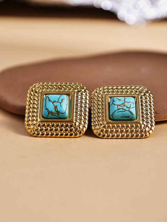 Vintage Square Turquoise Stud Earrings – Stainless Steel Statement Jewelry