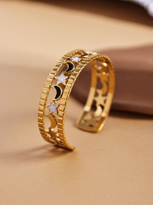18K Gold Plated Star & Moon Cutout Bracelet – Stainless Steel Bangle