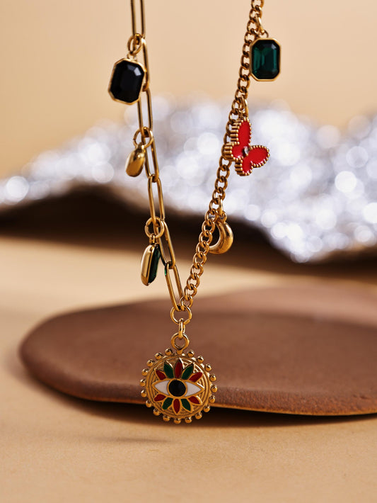 Stainless Steel Necklace – Evil Eye & Butterfly Multi-Element Pendant