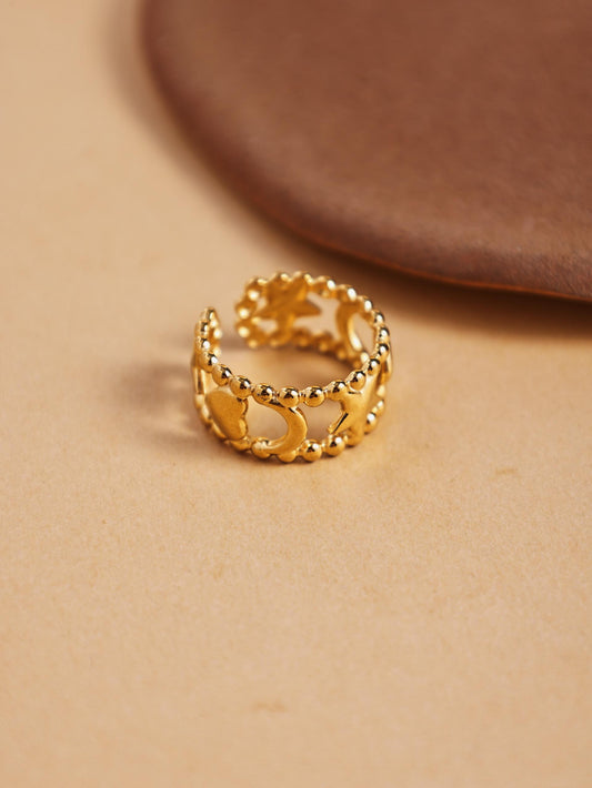 18K Gold Hollow Star & Moon Ring – Stainless Steel Adjustable Jewelry