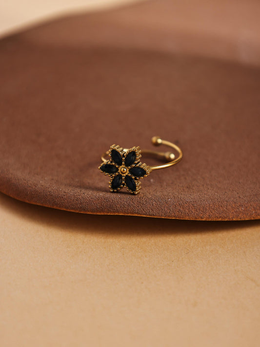 Gold Flower Ring with Multicolor Cubic Zirconia – Stainless Steel Adjustable Jewelry