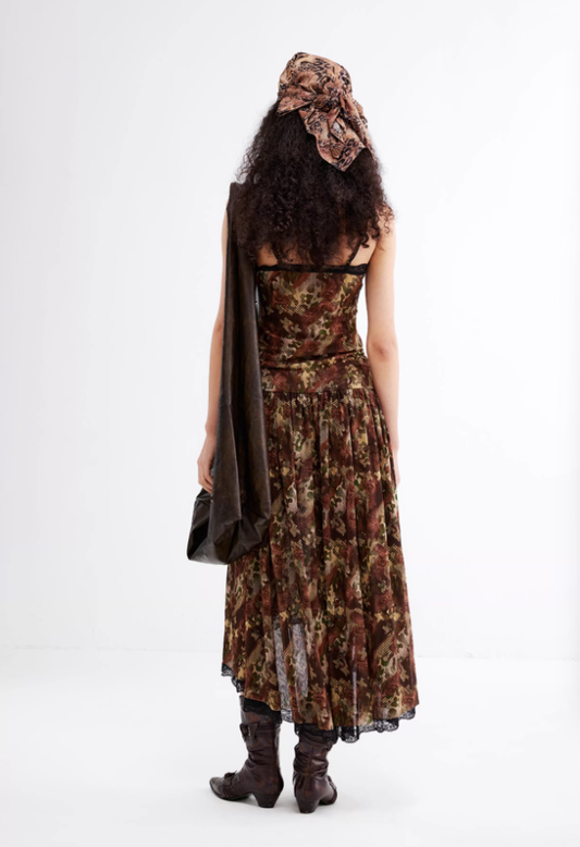 Nomad Veil – Camo Mesh Slip Dress with Lace Edge