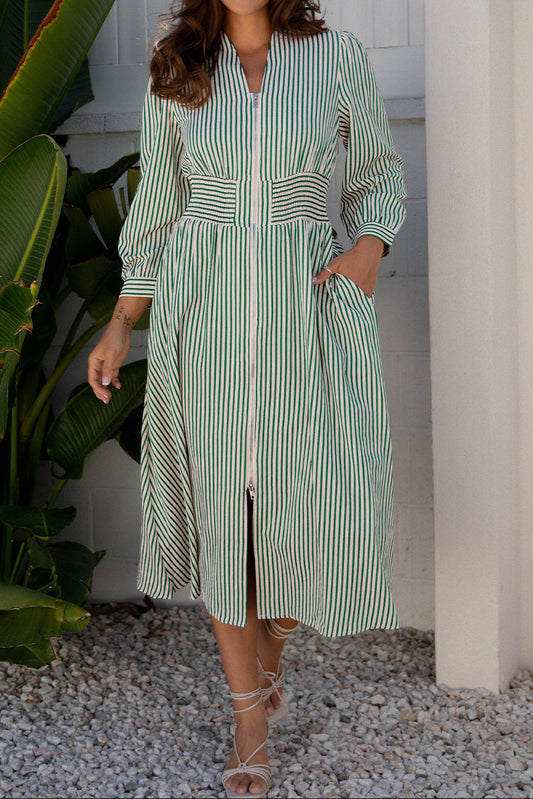 Green Stripe V Neck Zip Front Cinched High Waist Midi Dress