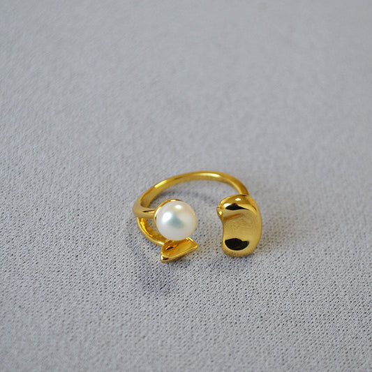 Gold-Plated Adjustable Pearl and Bean-Shaped Ring