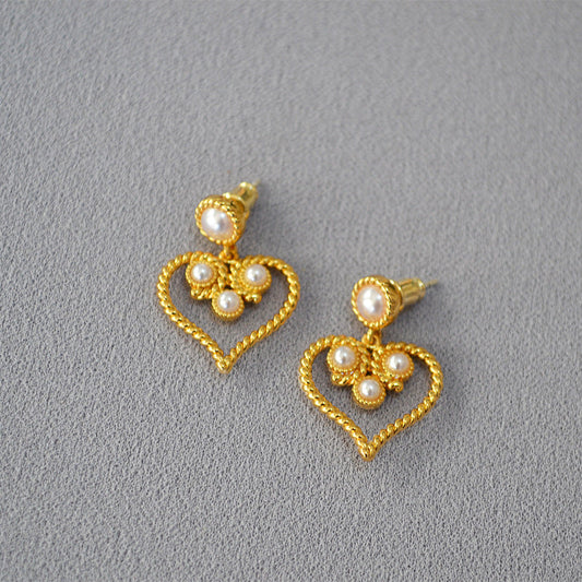 Gold Heart-Shaped Earrings with Pearl Accents