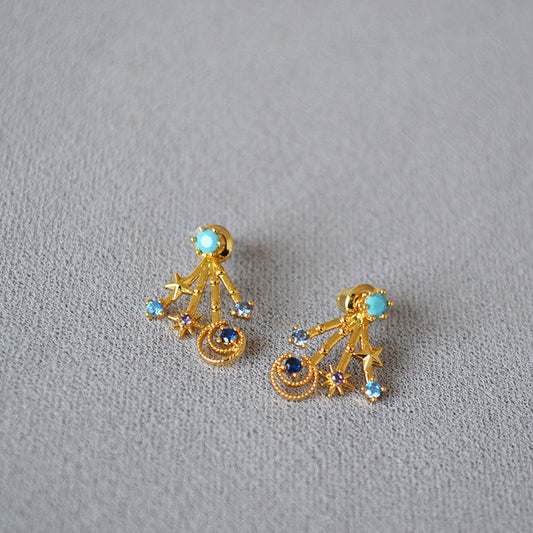 Gold Star and Moon Stud Earrings with Gemstone Accents