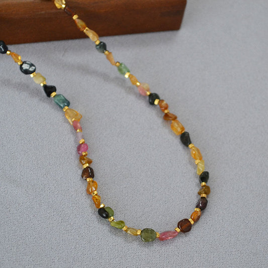 Multi-Color Gemstone Bead Necklace with Gold Accents