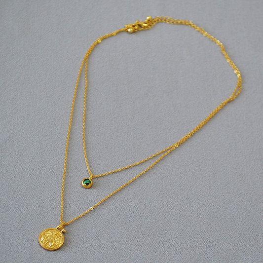 Gold-Plated Layered Necklace with Coin and Gemstone Pendant