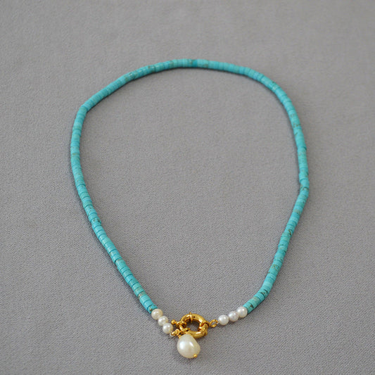Elegant Turquoise and Pearl Necklace with Gold Accent
